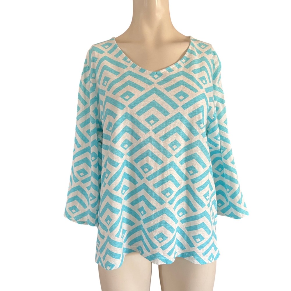 Chicos Turquoise White Geometric Diamond V-Neck 3/4 Sleeve Cotton Top Size 3 XL